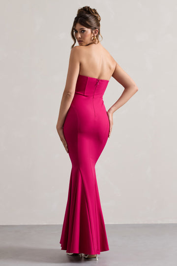 Idyllic Hot Pink Strapless Corset Style Fishtail Maxi Dress